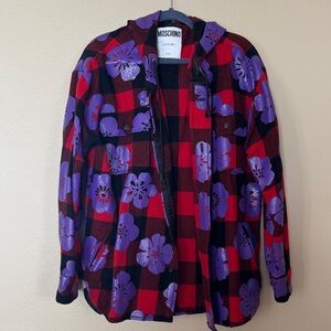 Moschino Couture ! Milano Red and Black Plaid Jacket W/Purple Floral Design XL